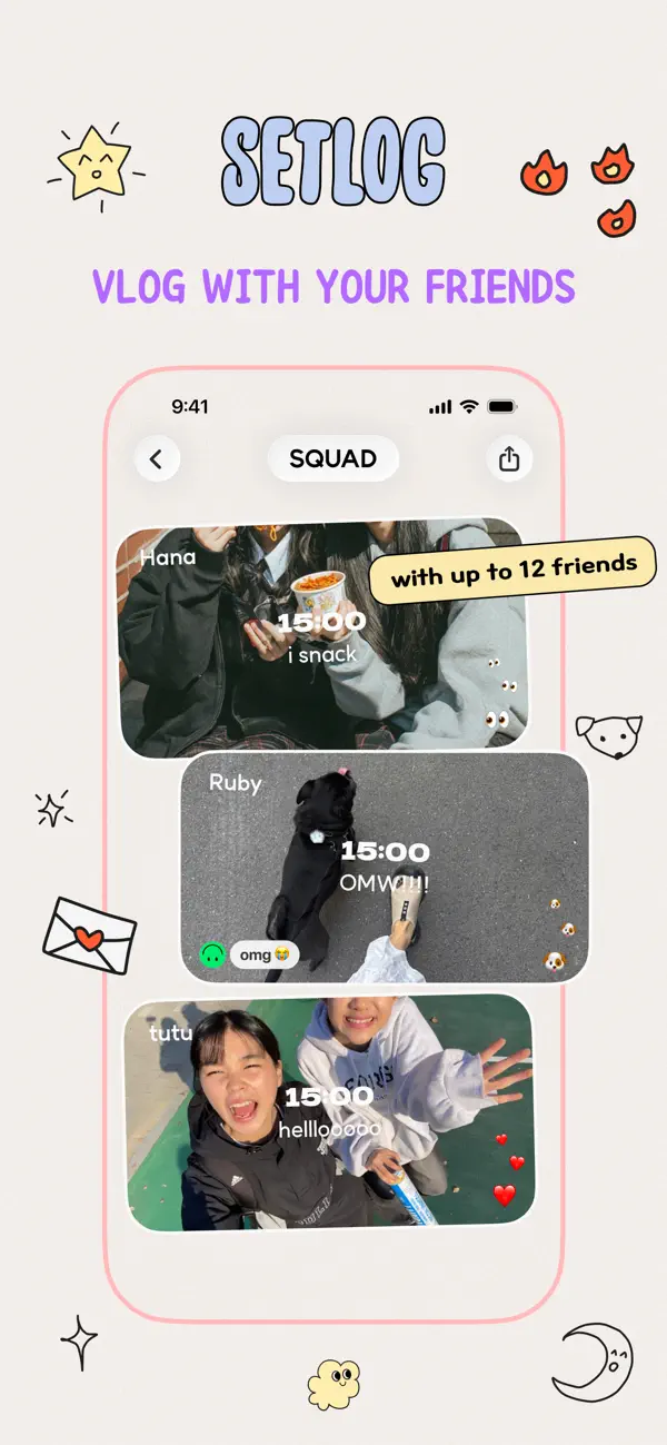 App Store US 1/5:「VLOG WITH YOUR FRIENDS — with up to 12 friends」,SQUAD room 三人 15:00 同一小时的三条片段(注:商店图仍写 12 人,版本说明 7-18 起为 20 人)